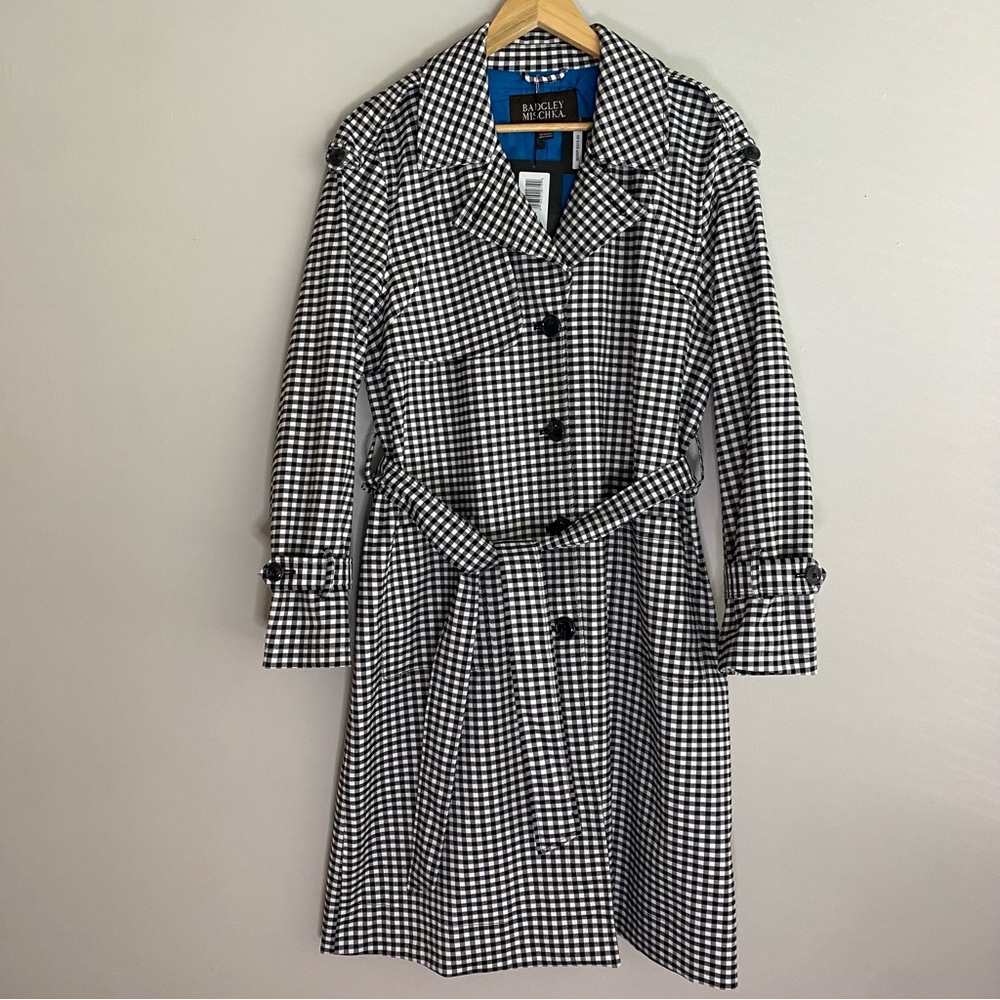 Badgley Mischka Plaid Trench Coat with Satin Blue Lining - Picture 3 of 17